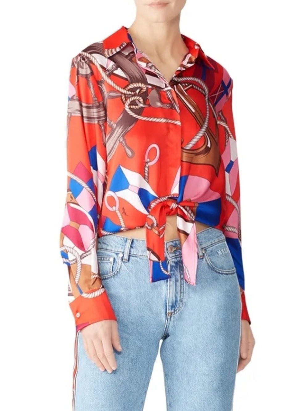 MSGM Nautical Loud Maximalist Signed Prit Colorful Nautical Tie-Front Blouse 40